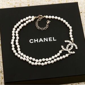 CHANEL Double Strand Pearl Necklace with Silver Accents